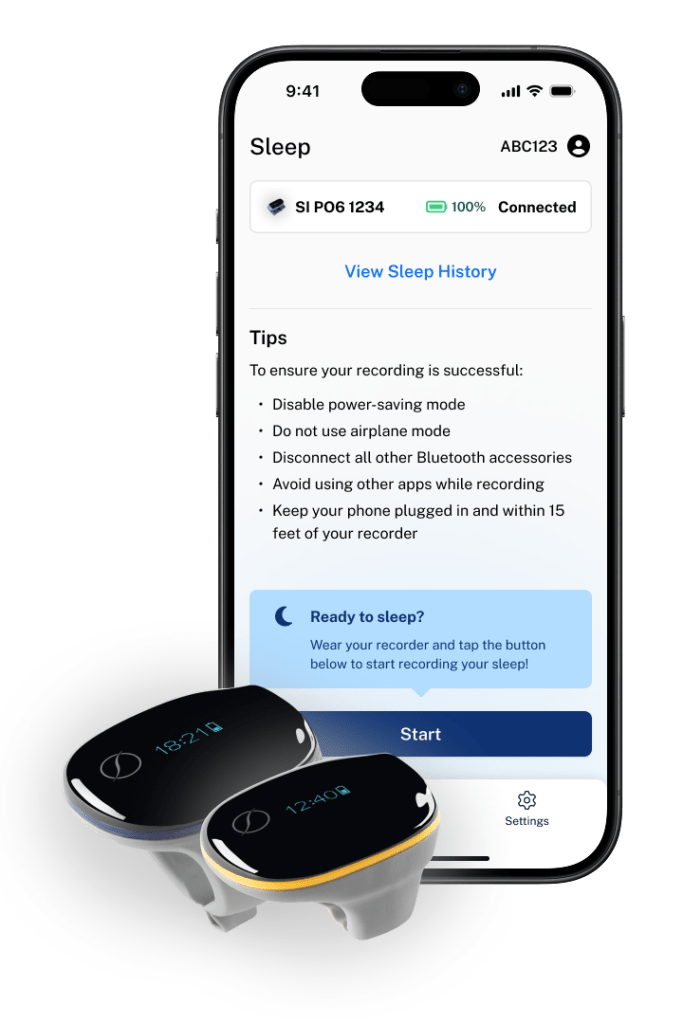 Screenshot of the mobile app with devices in the foreground